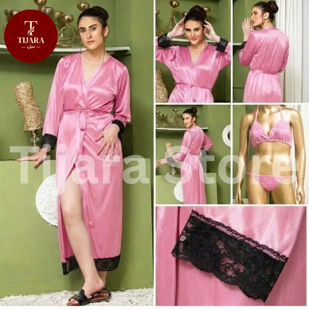 Jersey V-Neck 3-Piece Nightgown Set With Lace Work