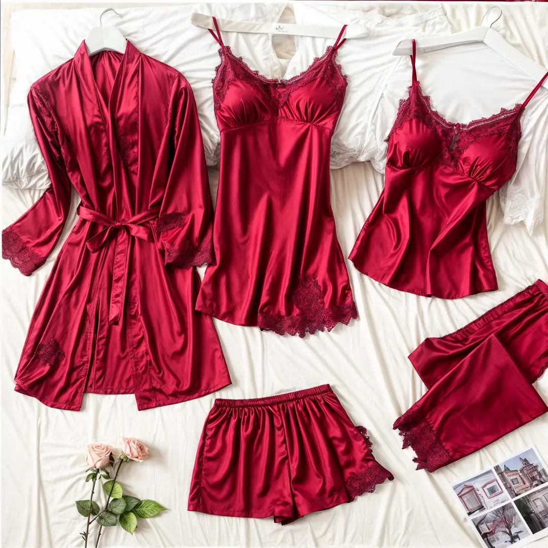 5 Pc Bridal Nightwear Set (Gown,Camisole,Shorts,Trouser)