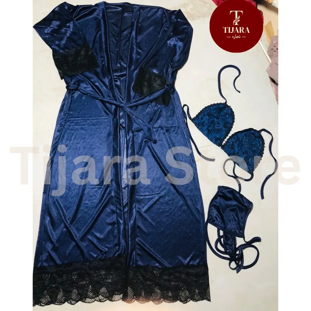 Jersey V-Neck 3-Piece Nightgown Set With Lace Work