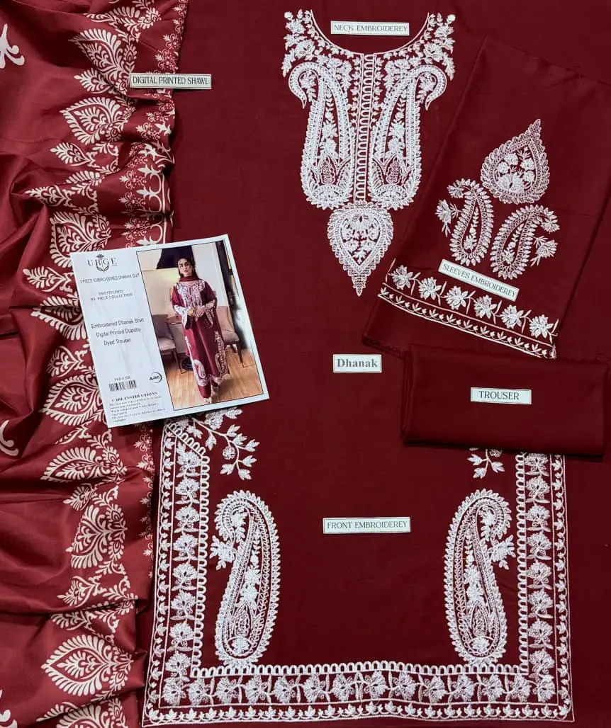 3 Pcs Women's Unstitched Embroidered Suit(HB)