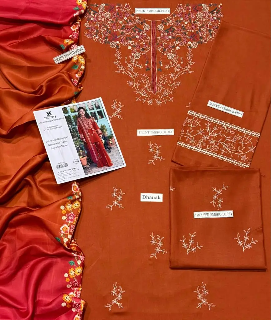 3 Pcs Women's Unstitched Embroidered Suit(HB)