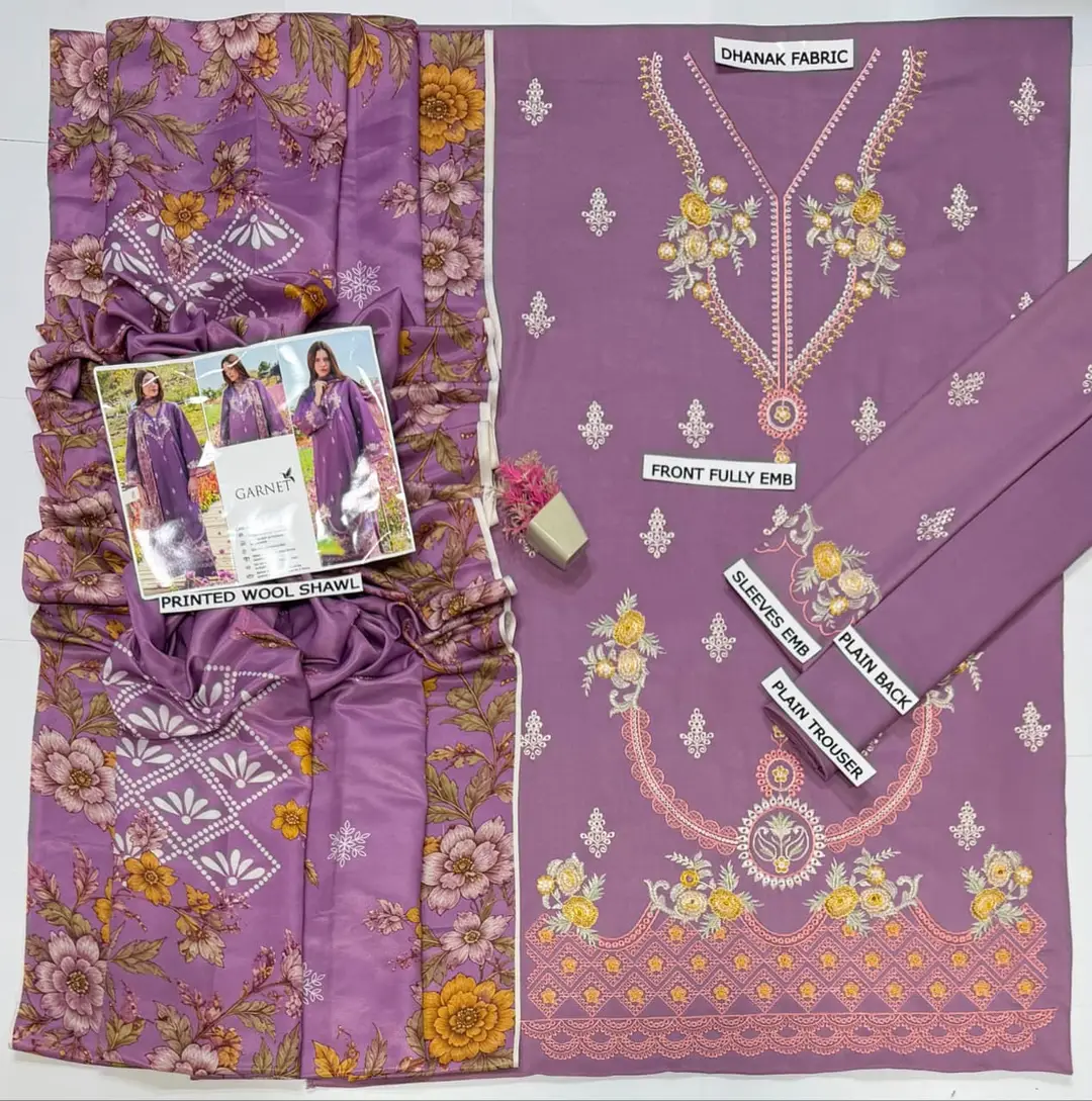 3 Pcs Women's Unstitched Embroidered Suit(HB)