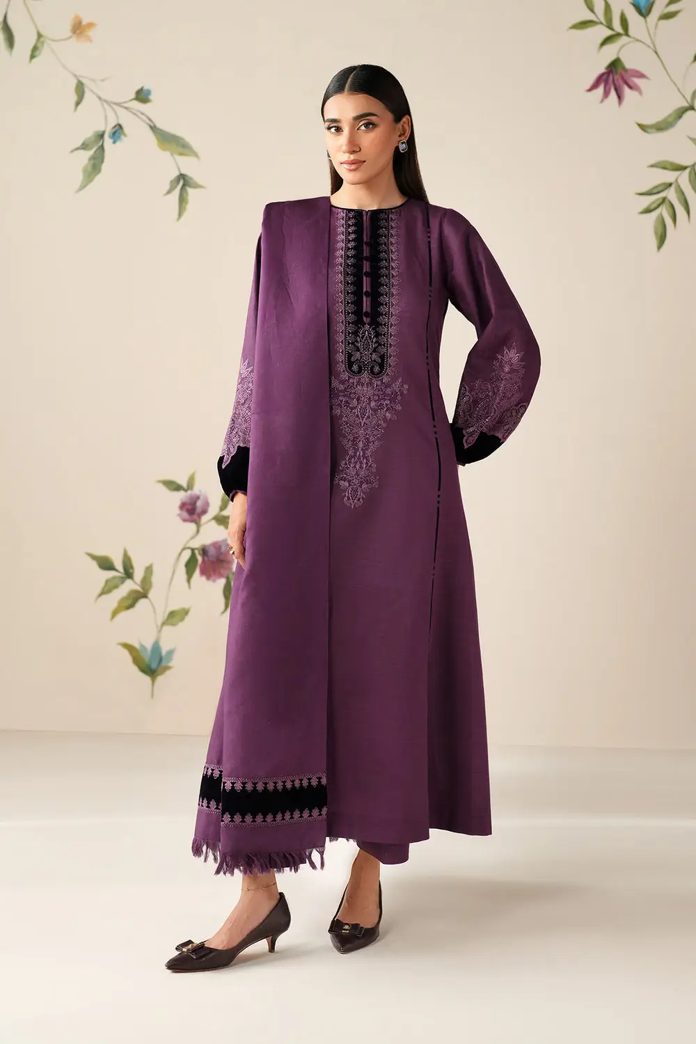 3 Pcs Women's Unstitched Embroidered Suit(HB)