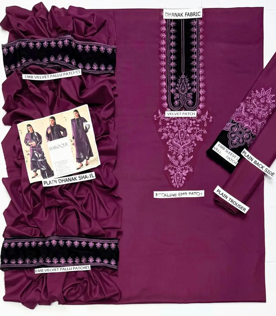 3 Pcs Women's Unstitched Embroidered Suit(HB)