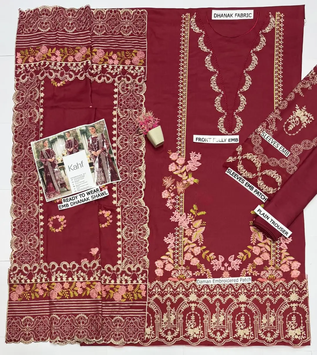 3 Pcs Women's Unstitched Embroidered Suit(HB)