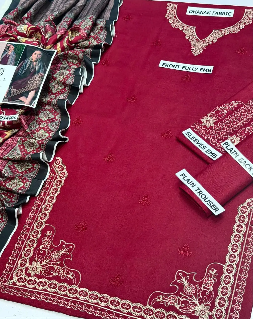3 Pcs Women's Unstitched Embroidered Suit(HB)