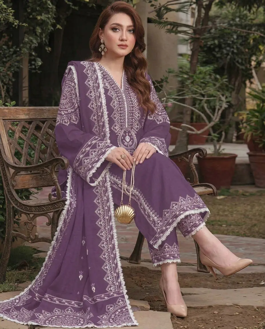 3 Pcs Women's Unstitched Embroidered Suit(F&f)