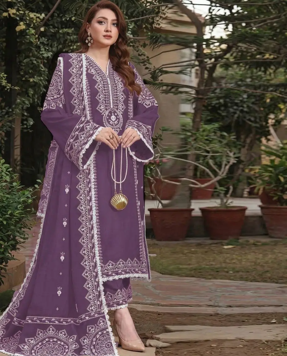 3 Pcs Women's Unstitched Embroidered Suit(F&f)