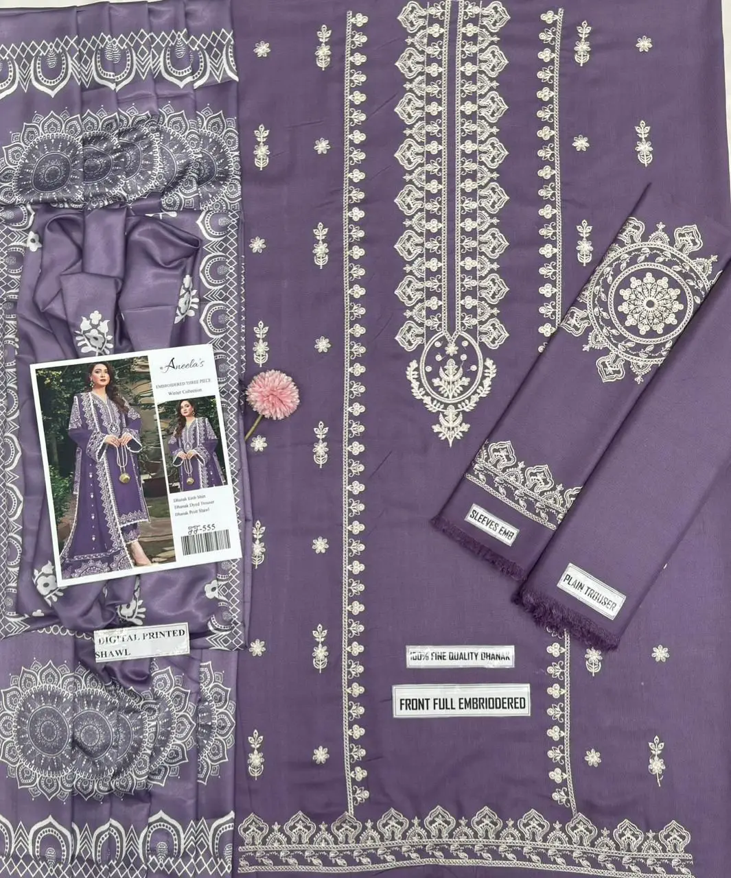 3 Pcs Women's Unstitched Embroidered Suit(F&f)