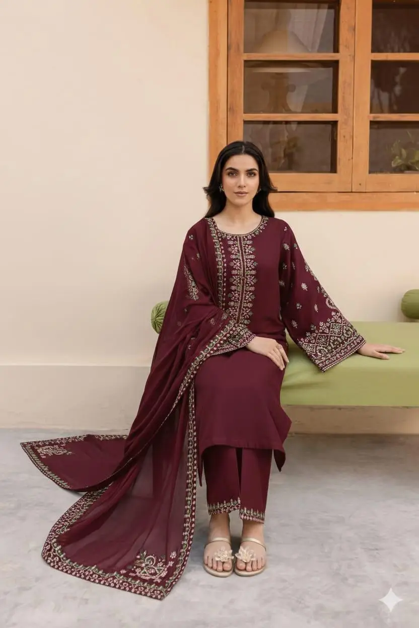3 Pcs Women's Unstitched Embroidered Suit(F&f)