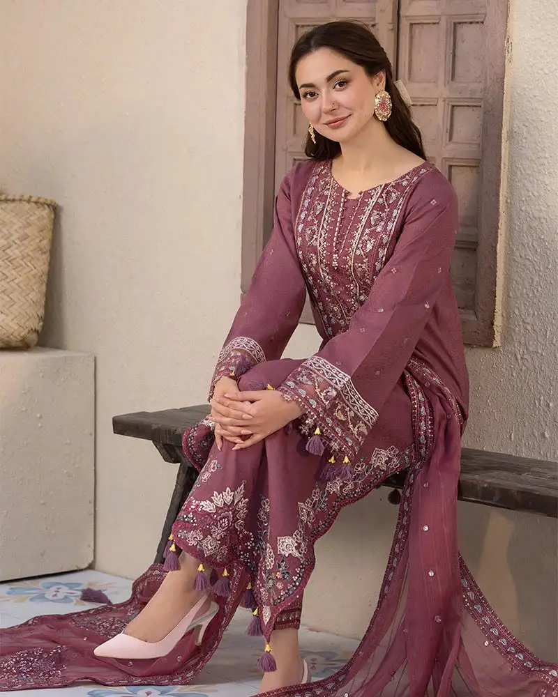 3 Pcs Women's Unstitched Embroidered Suit(nf)