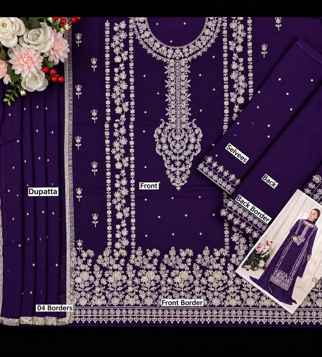 3 Pcs Women's Unstitched Embroidered Suit(skf)