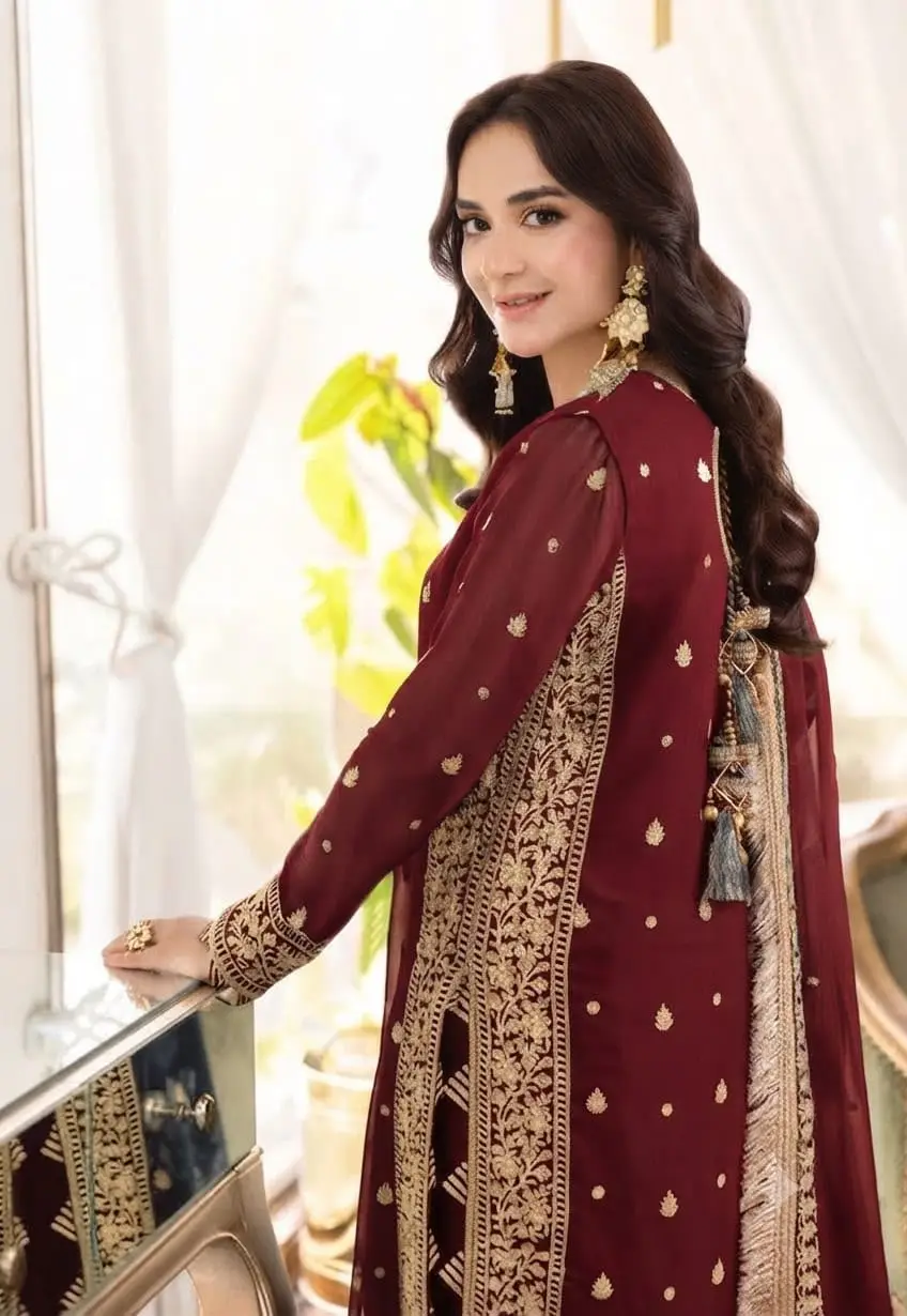 3 Pcs Women's Unstitched Sequins Embroidered Suit(mi)