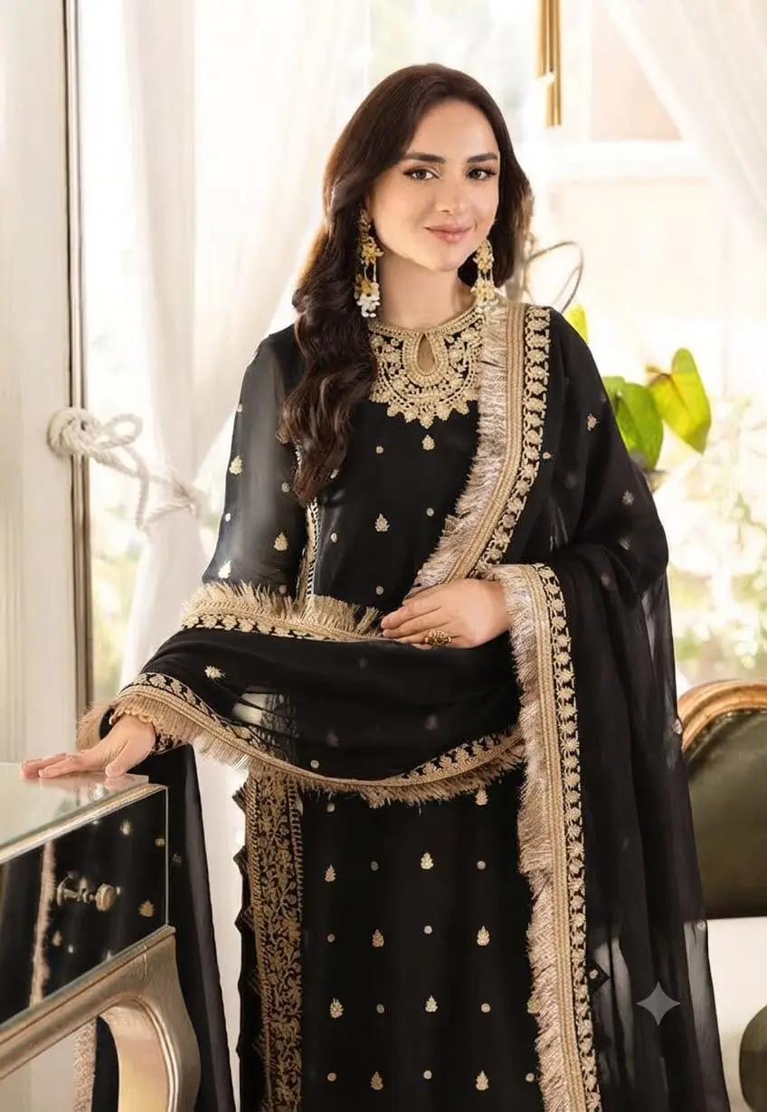 3 Pcs Women's Unstitched Sequins Embroidered Suit(mi)