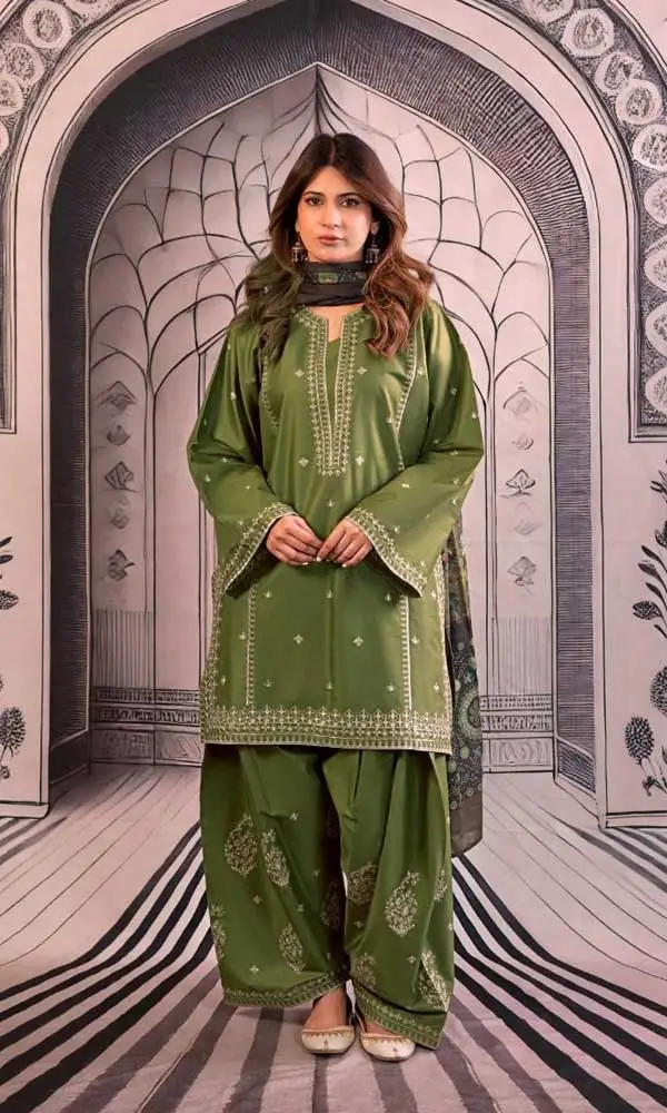 3 Pcs Women's Unstitched Embroidered Suit(hb)