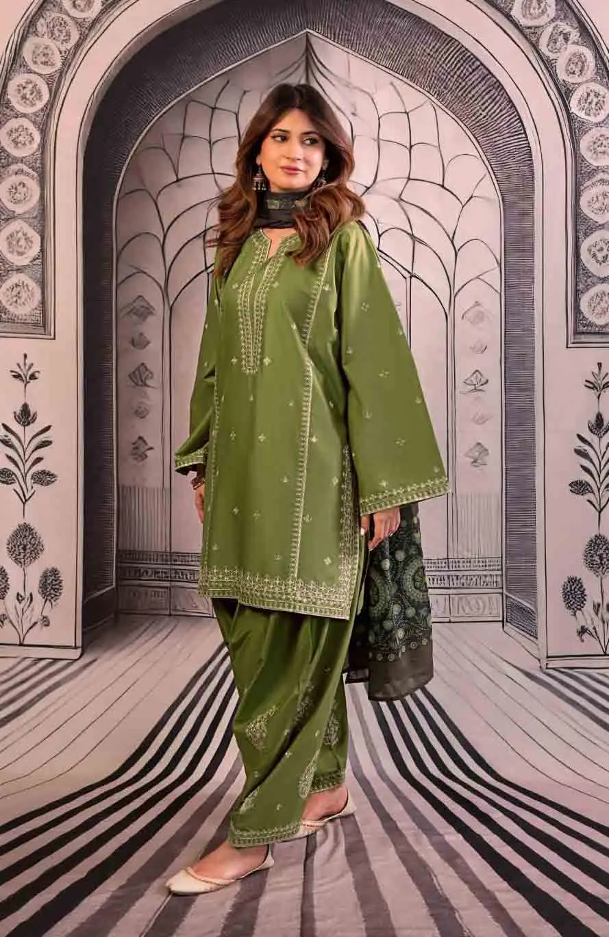 3 Pcs Women's Unstitched Embroidered Suit(hb)