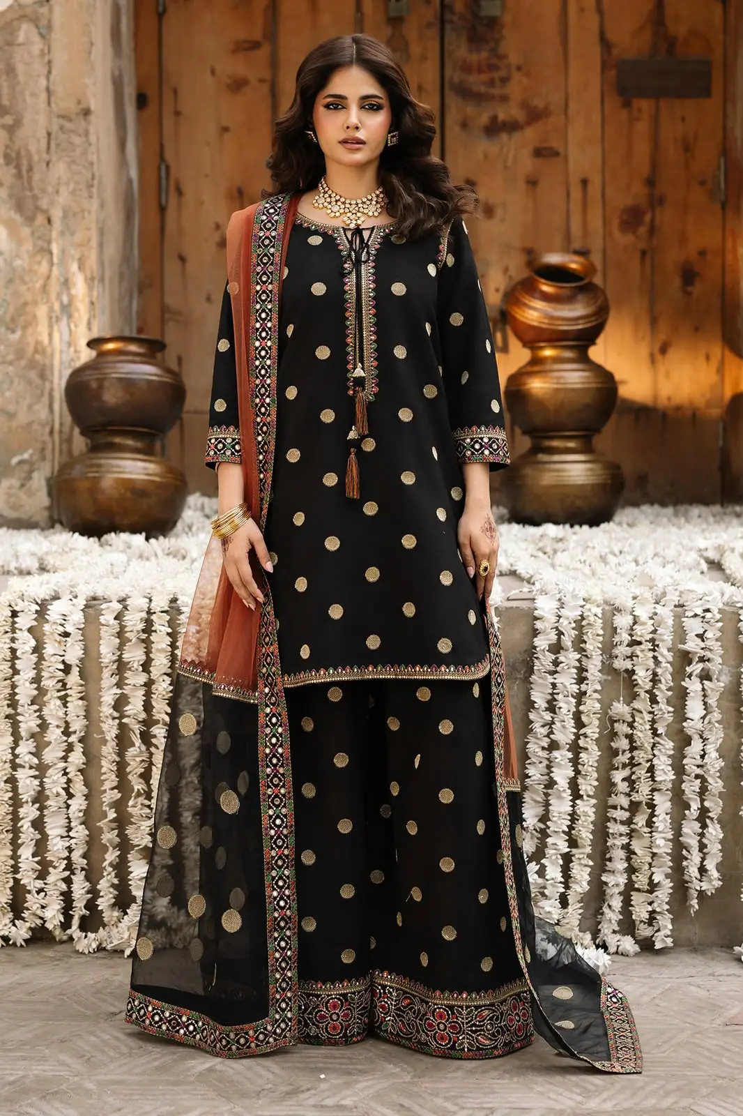 3 Pcs Women's Unstitched Zari Tilla Embroidered Suit(skf)