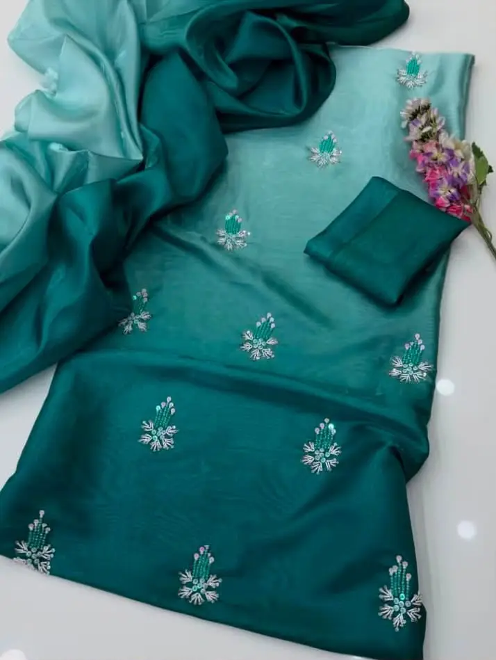 3 Pcs Women's Unstitched Hand Embroidered Suit(skf)