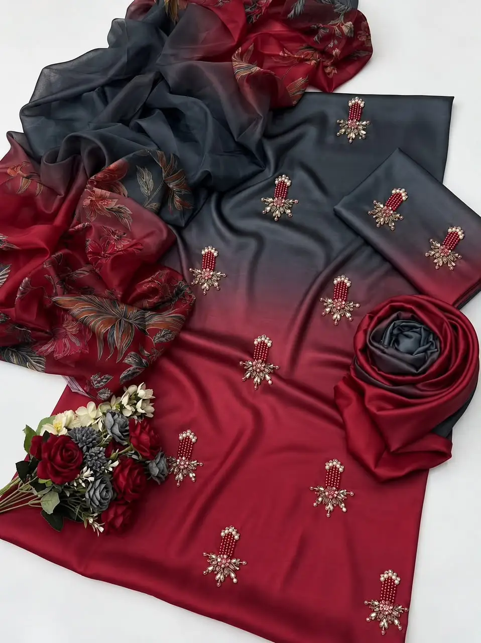 3 Pcs Women's Unstitched Hand Embroidered Suit(skf)