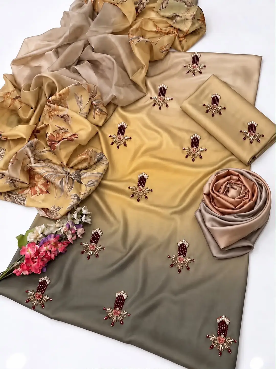 3 Pcs Women's Unstitched Hand Embroidered Suit(skf)