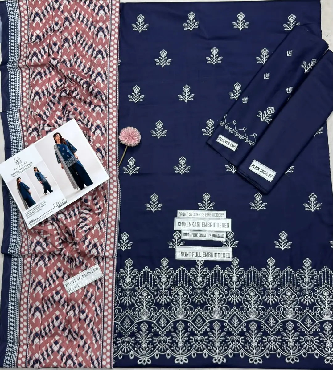 3 Pcs Women's Unstitched Embroidered Suit(f&f)