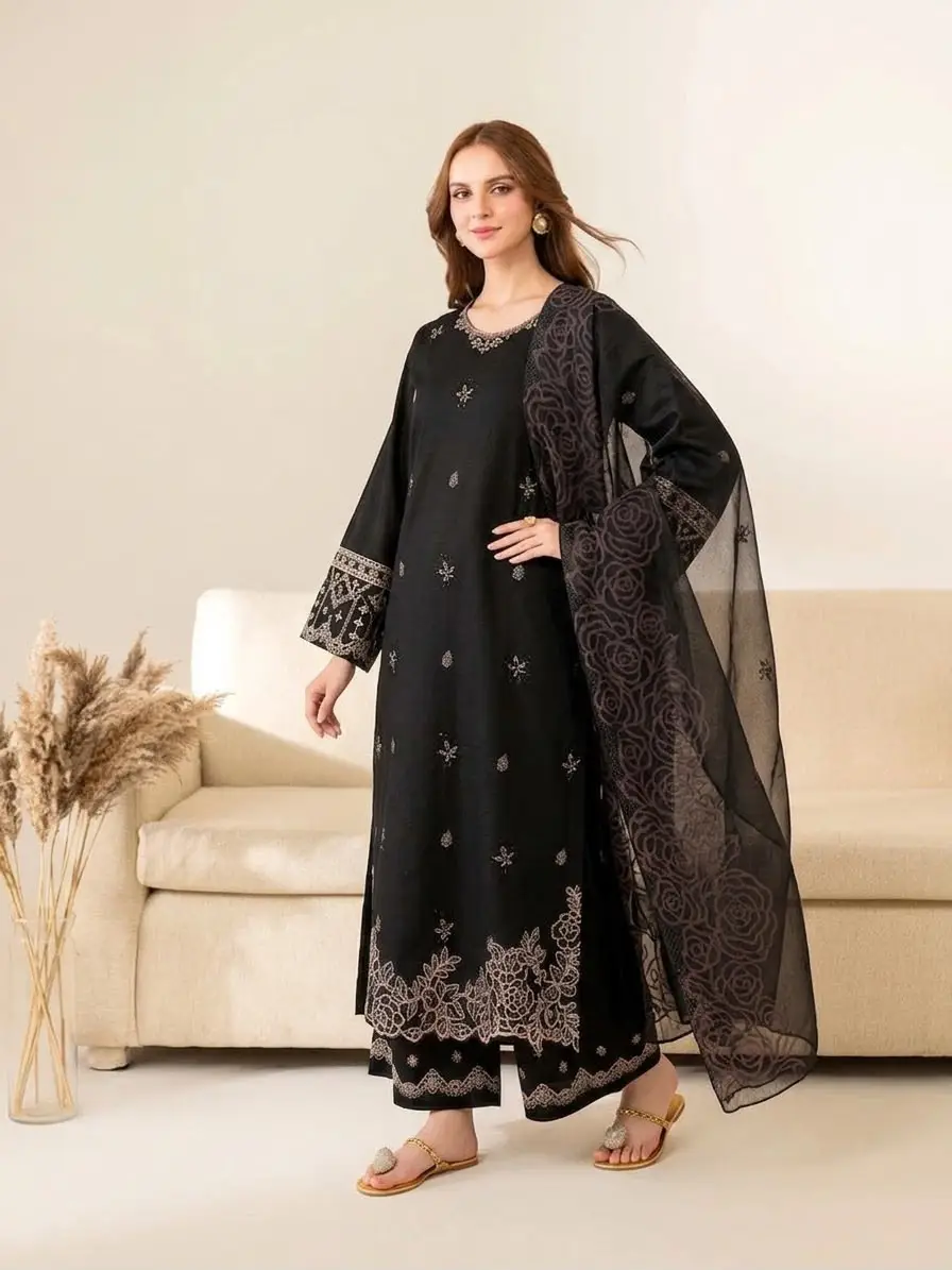 3 Pcs Women's Unstitched Embroidered Suit(f&f)