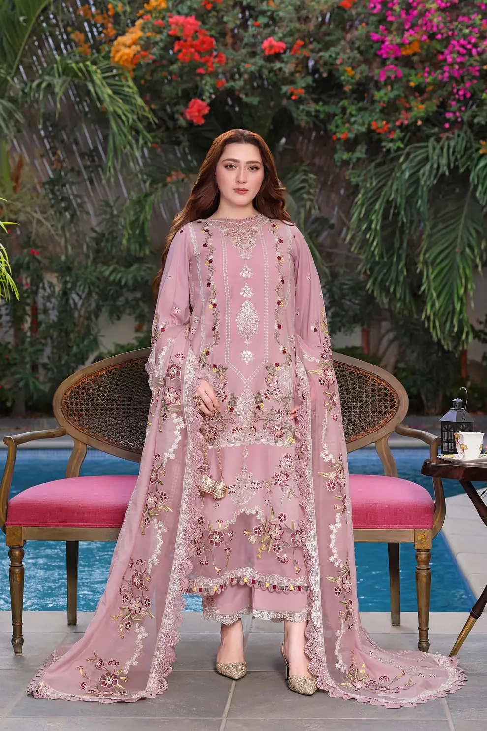 3 Pcs Women's Unstitched Chikankari Embroidered Suit(hb)
