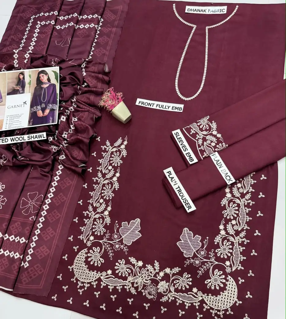 3 Pcs Women's Unstitched Embroidered Suit(hb)
