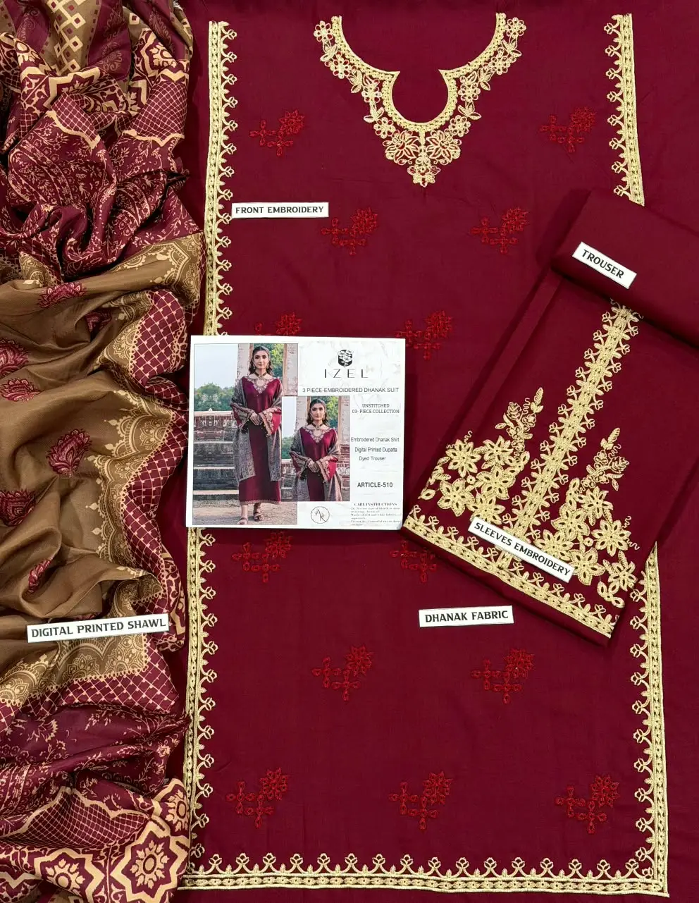 3 Pcs Women's Unstitched Embroidered Suit