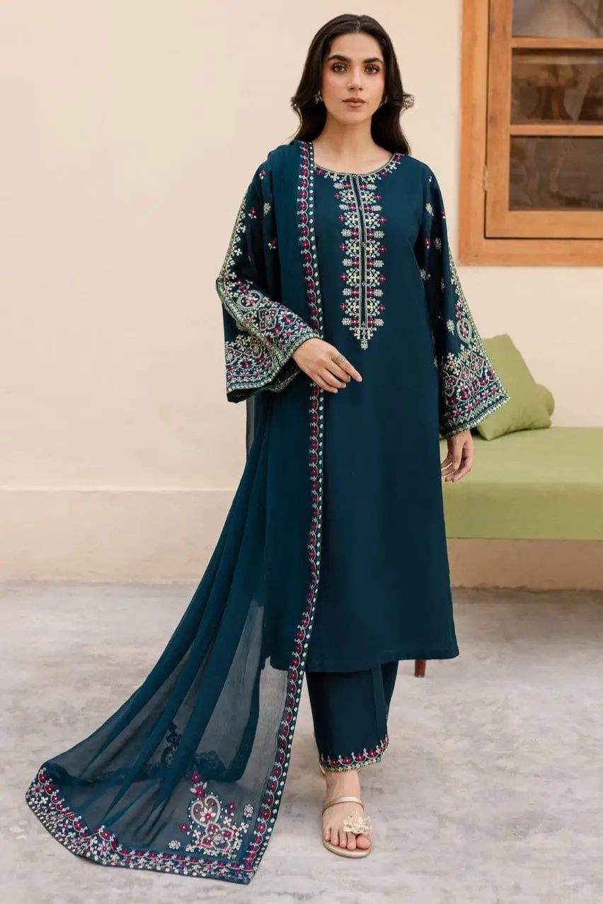 3 Pcs Women's Unstitched Embroidered Suit