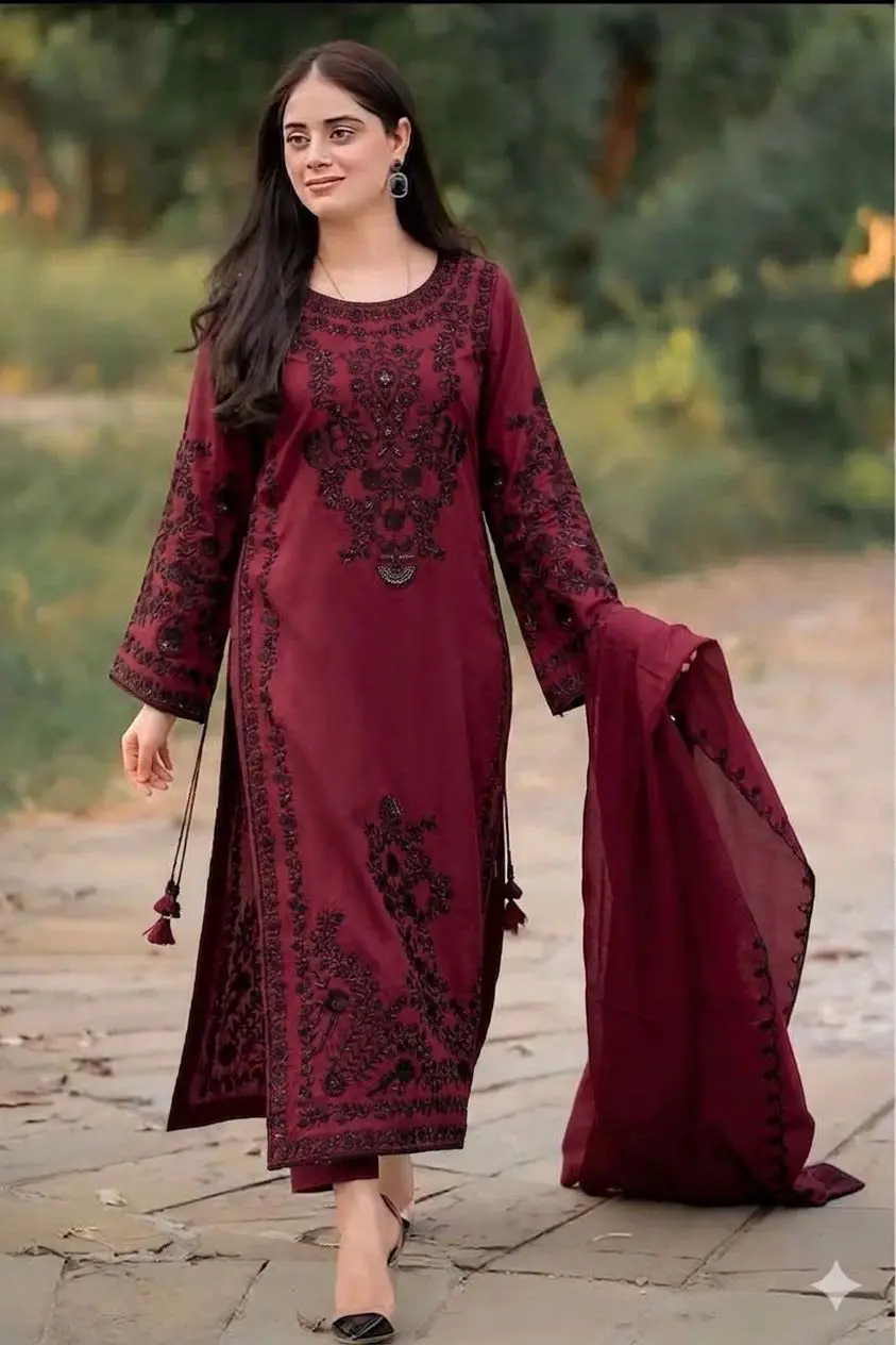 3 Pcs Women's Unstitched Embroidered Suit