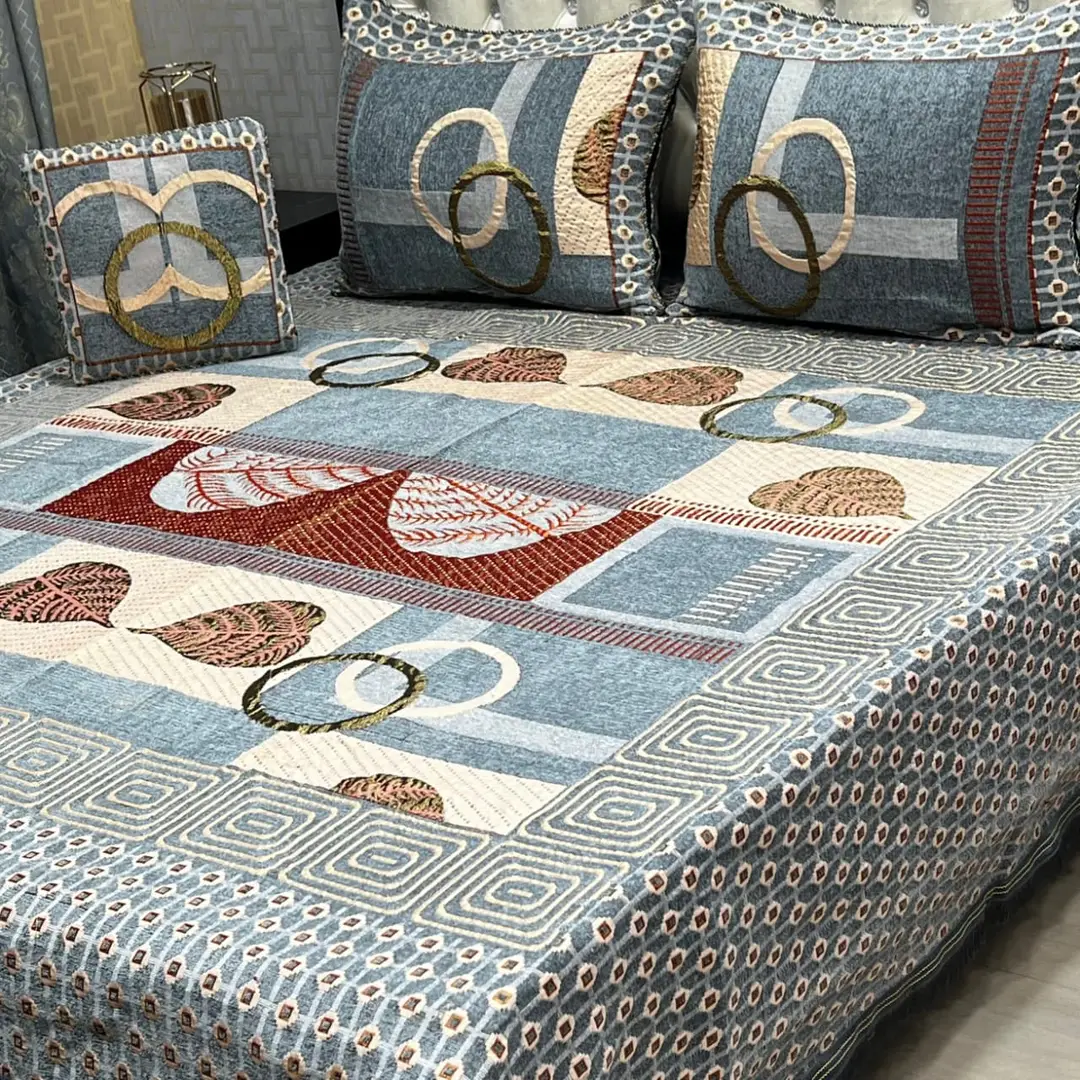 3 Pcs Velvet Jacquard Printed Double Bedsheet