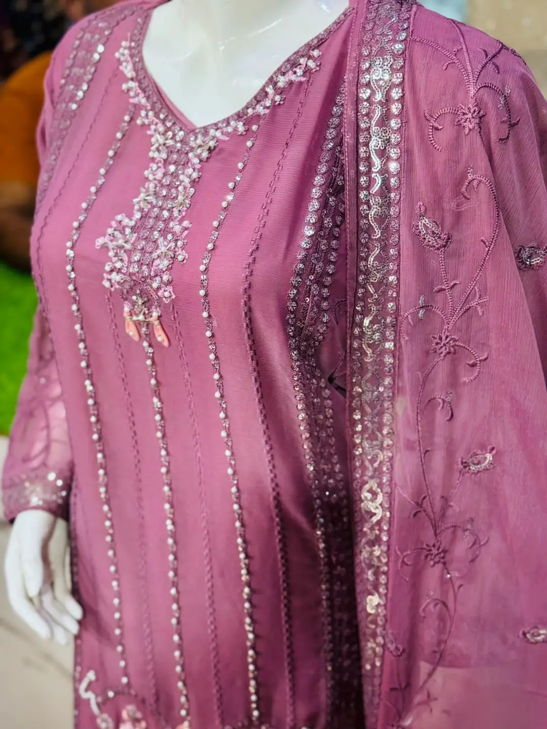 3 Pcs Women's Stitched Chiffon Hand Work Suit