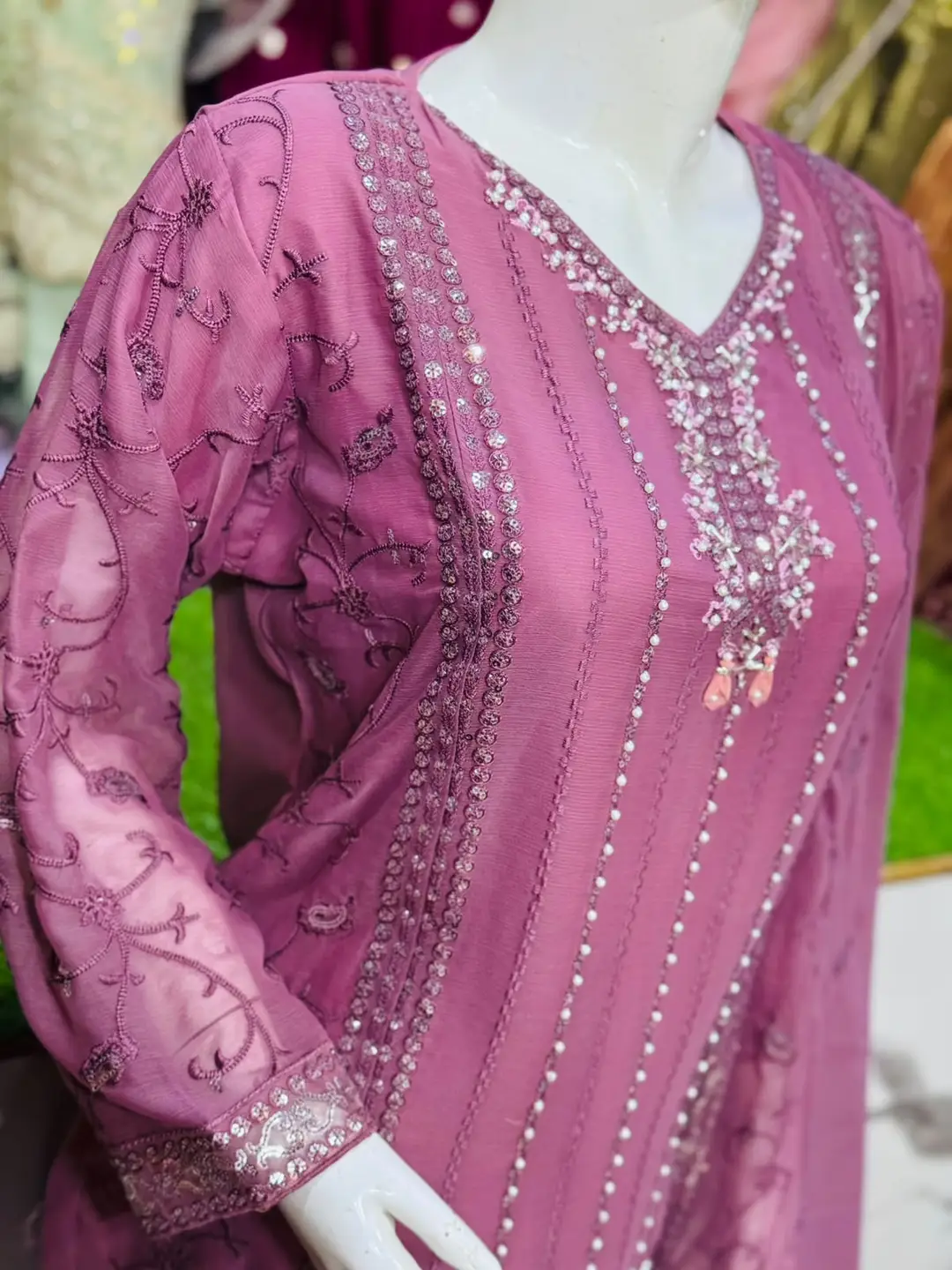 3 Pcs Women's Stitched Chiffon Hand Work Suit
