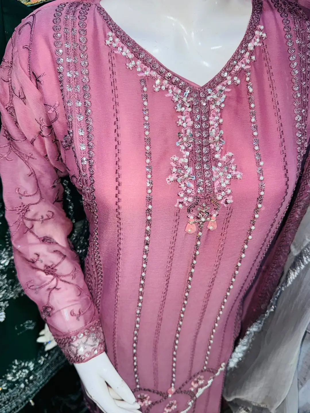 3 Pcs Women's Stitched Chiffon Hand Work Suit
