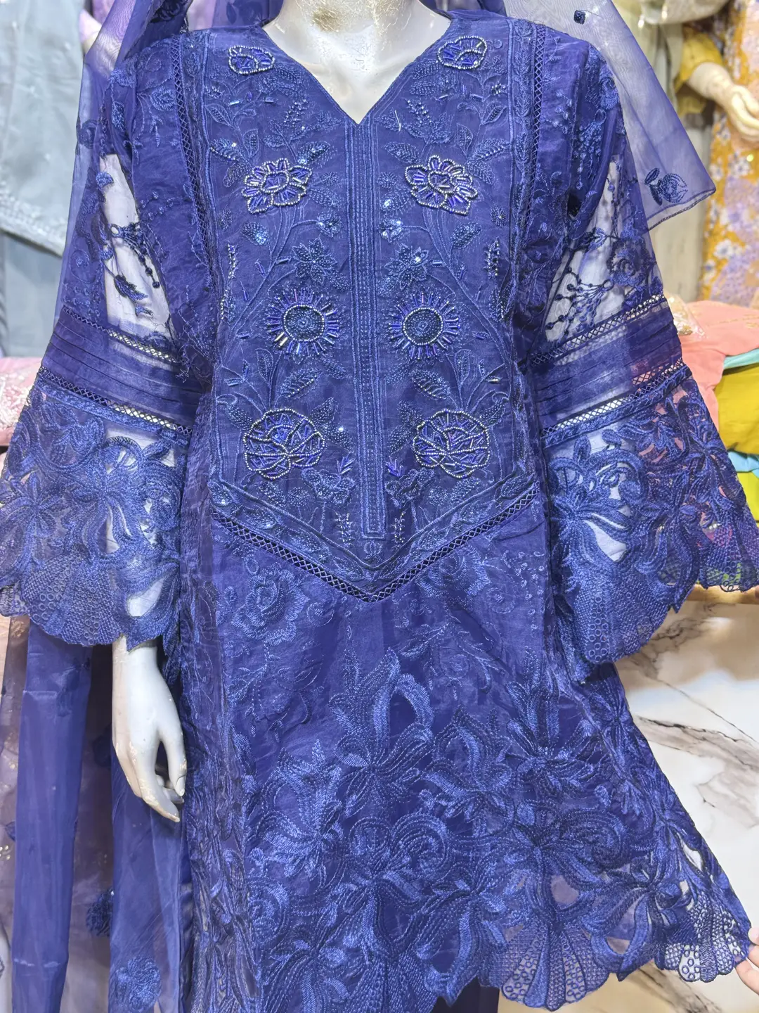 3 Pcs Women's Stitched Organza Hand Work Suit