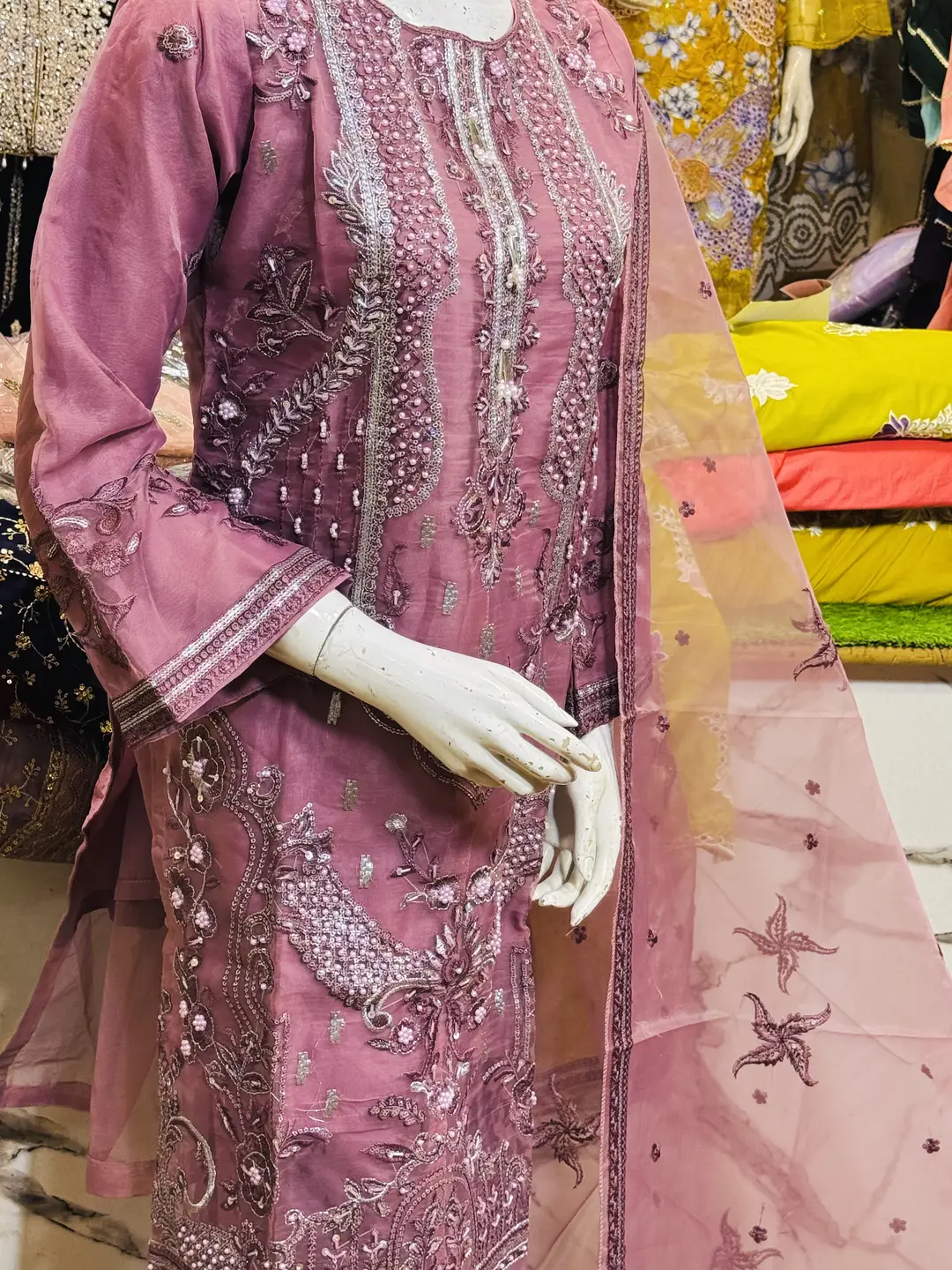 3 Pcs Women's Stitched Organza Hand Work Suit
