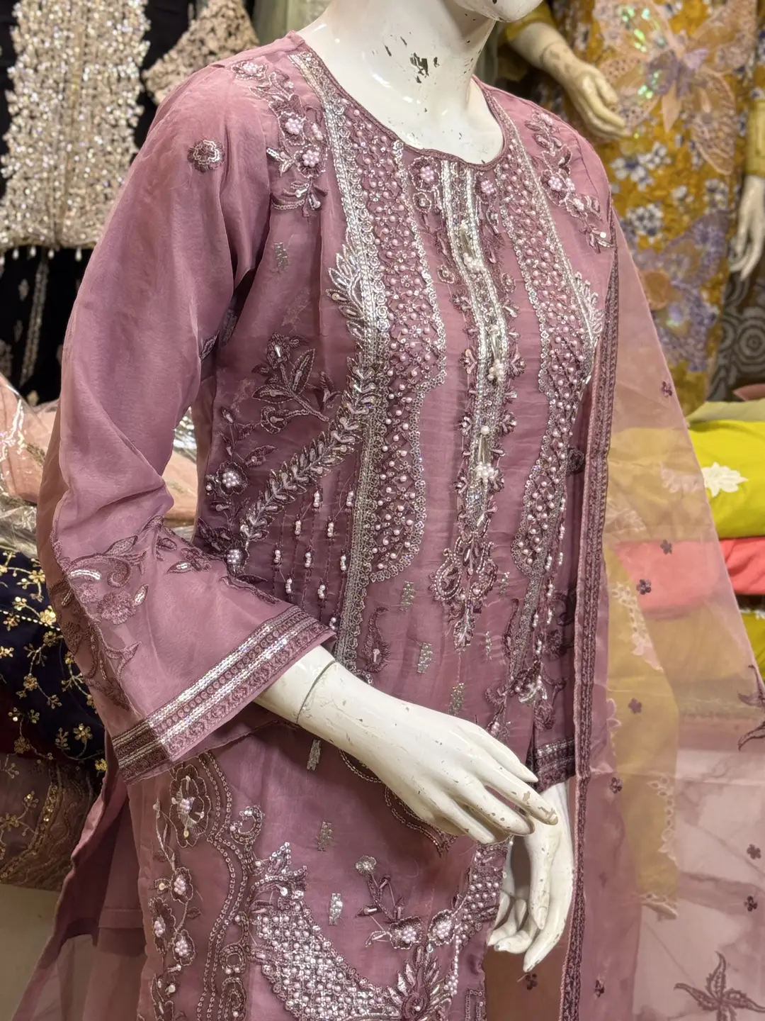 3 Pcs Women's Stitched Organza Hand Work Suit