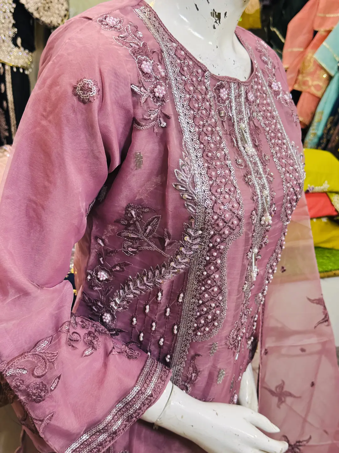 3 Pcs Women's Stitched Organza Hand Work Suit