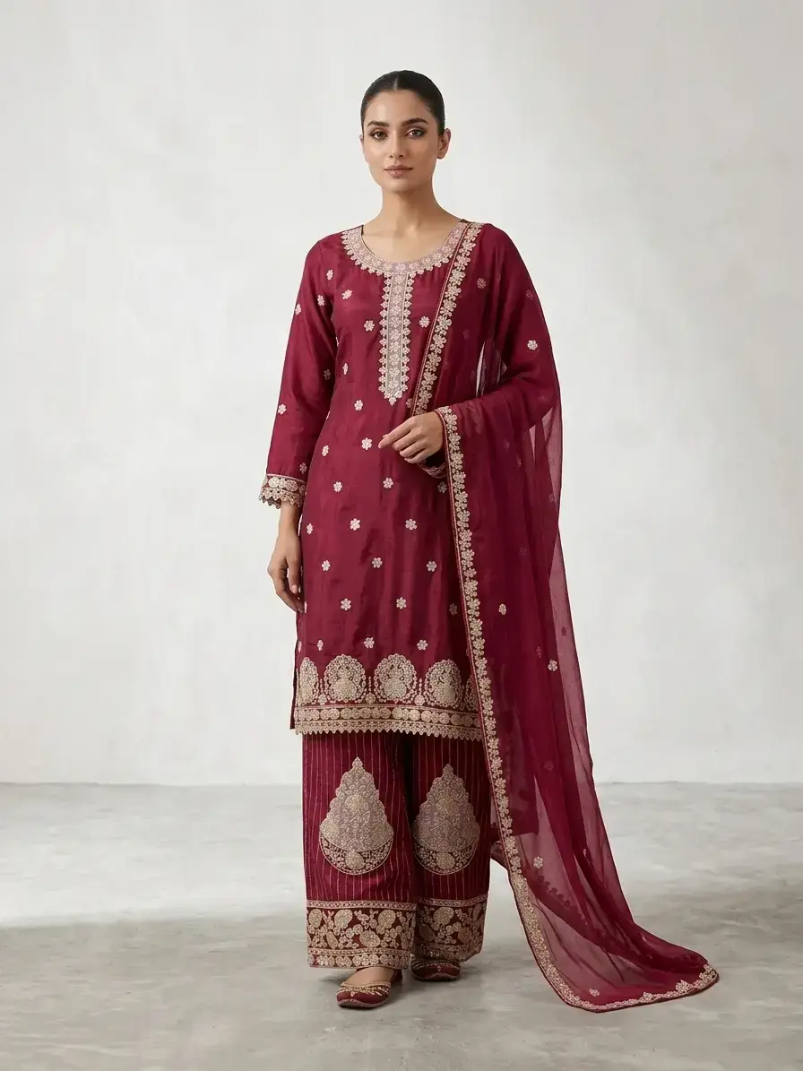 3 Pcs Women's Stitched Shamoz Silk Sequins Embroidered Suit