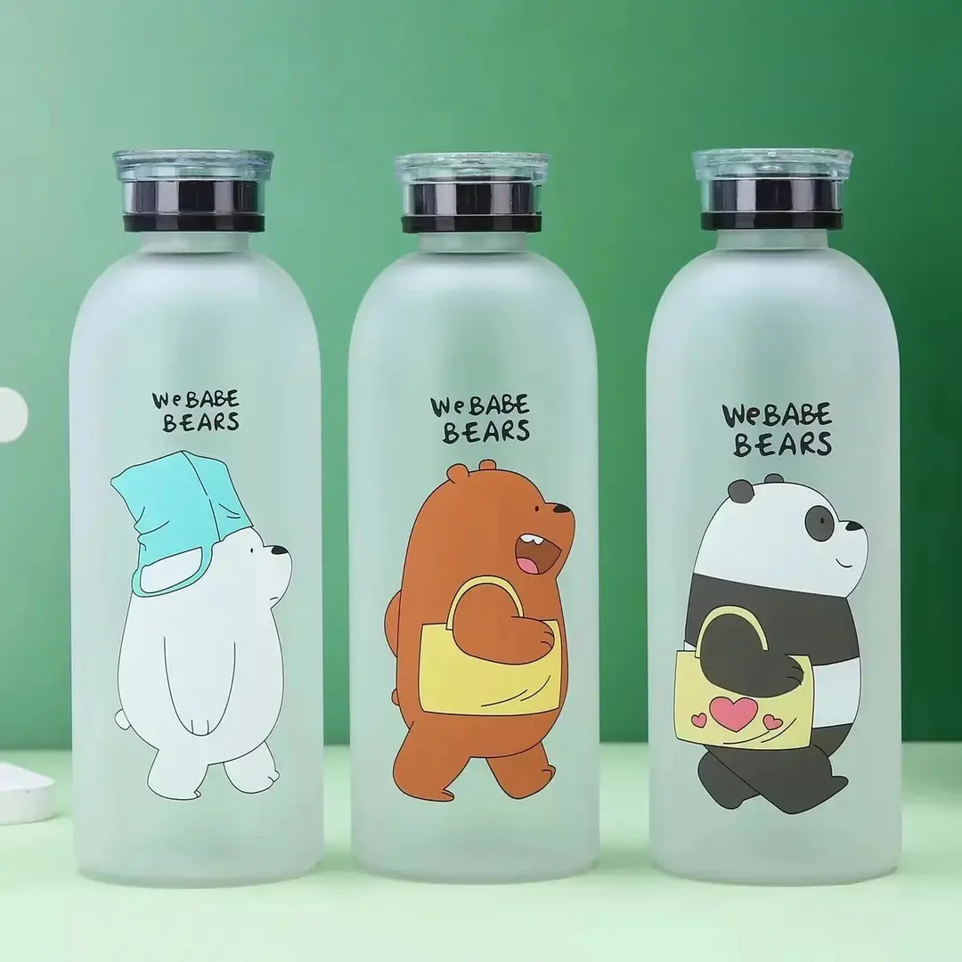 Cute We Bare Bears Frosted Water Bottle with Straw