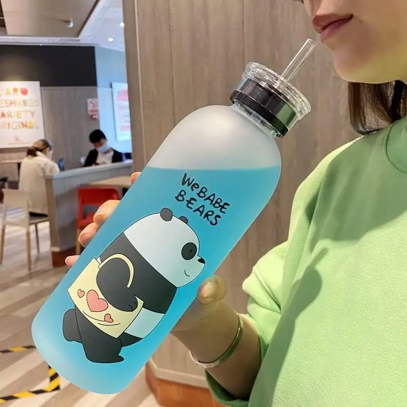 Cute We Bare Bears Frosted Water Bottle with Straw