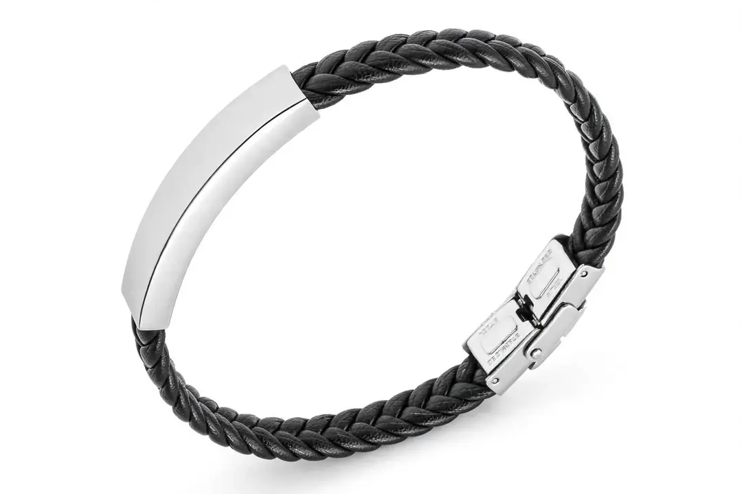 Black Leather Bracelet with Silver Plate