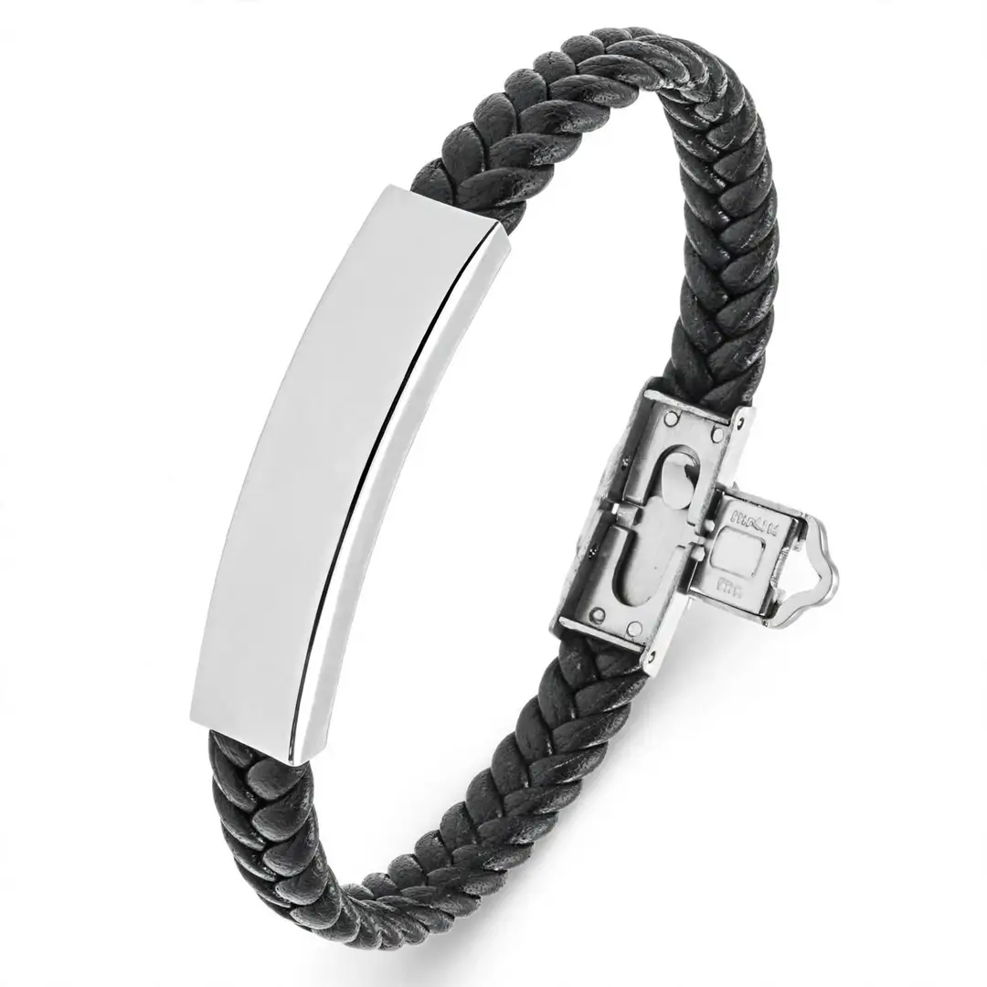 Black Leather Bracelet with Silver Plate