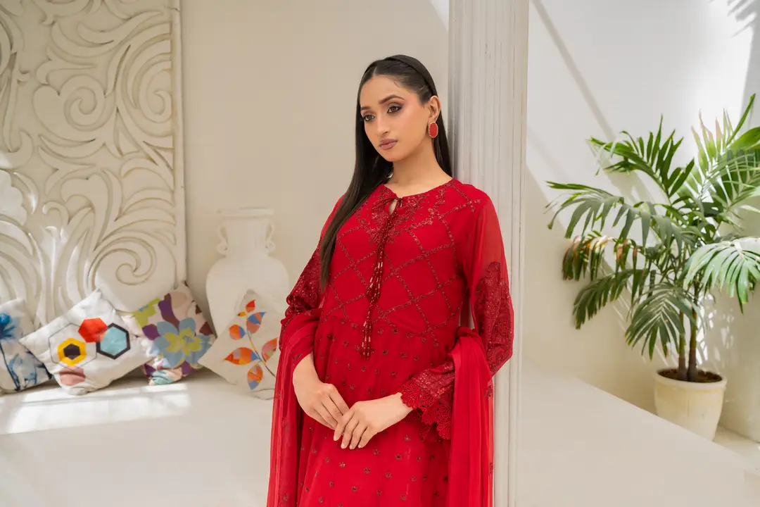 3 Pcs Women's Stitched Chiffon Hand Work Maxi Suit