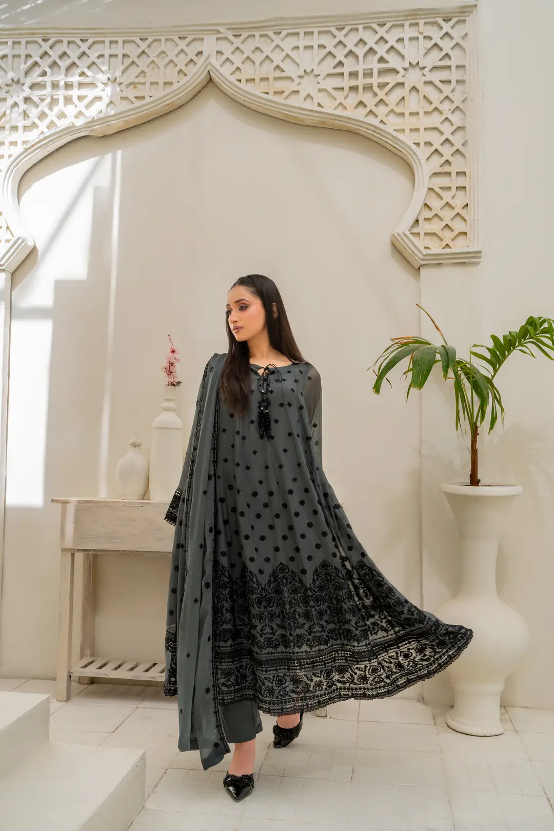 3 Pcs Women's Stitched Chiffon Hand Work Maxi Suit