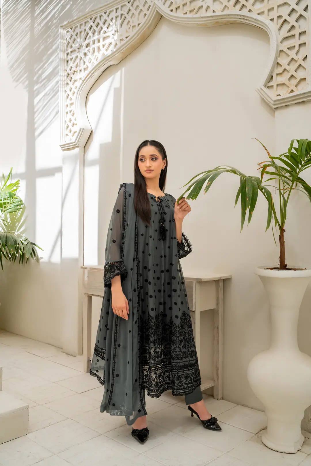 3 Pcs Women's Stitched Chiffon Hand Work Maxi Suit