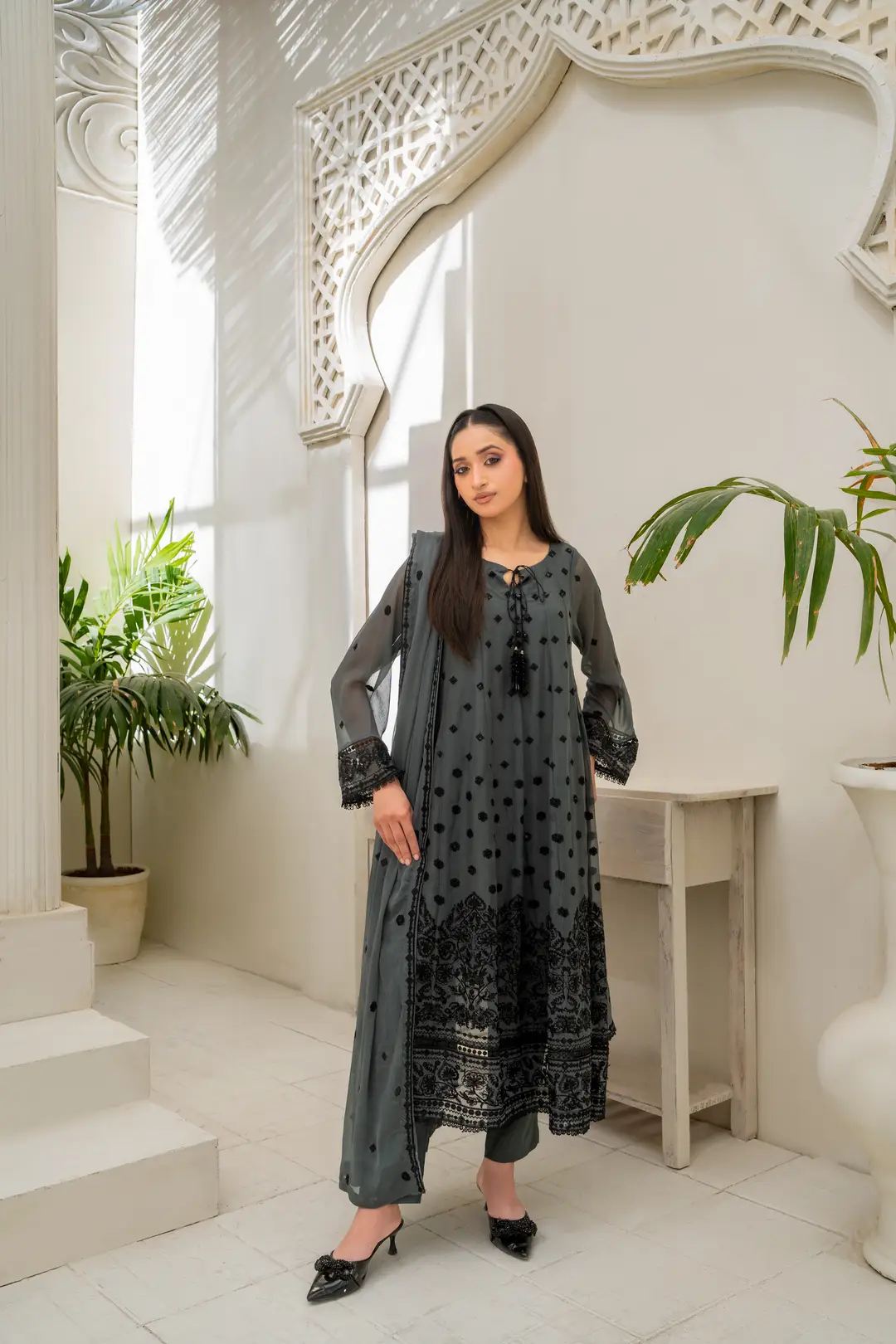 3 Pcs Women's Stitched Chiffon Hand Work Maxi Suit