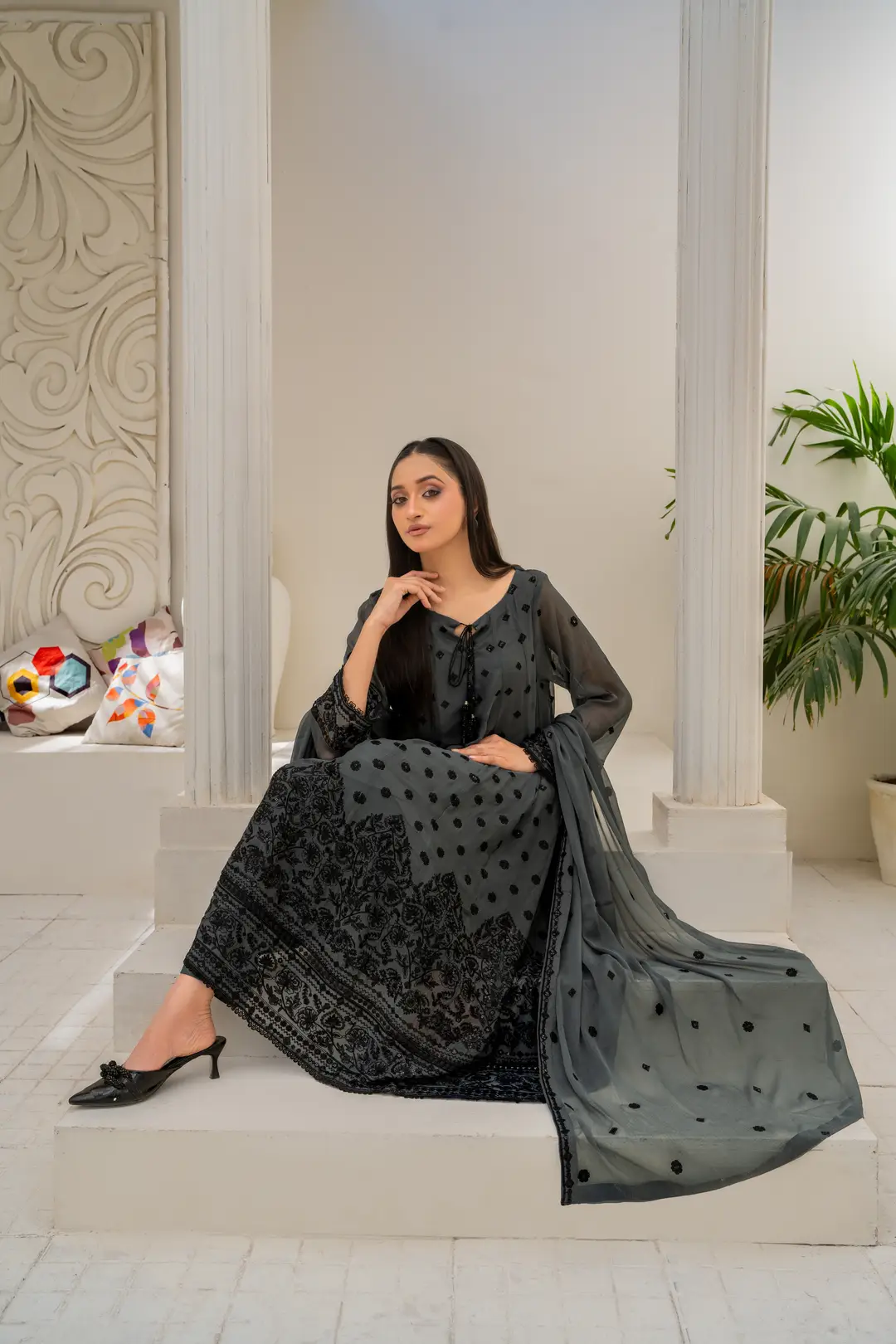 3 Pcs Women's Stitched Chiffon Hand Work Maxi Suit