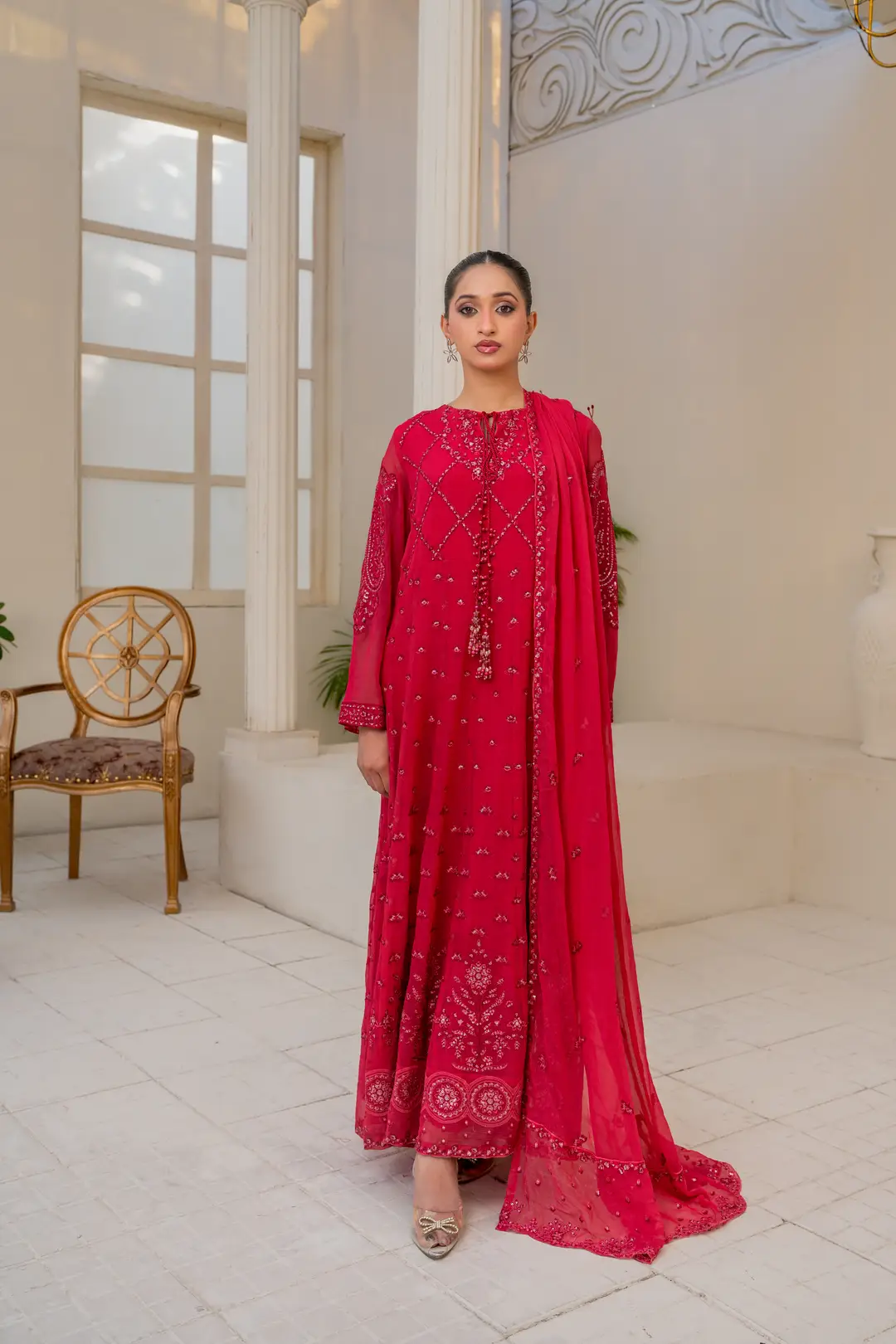 3 Pcs Women's Stitched Chiffon Hand Work Maxi Suit